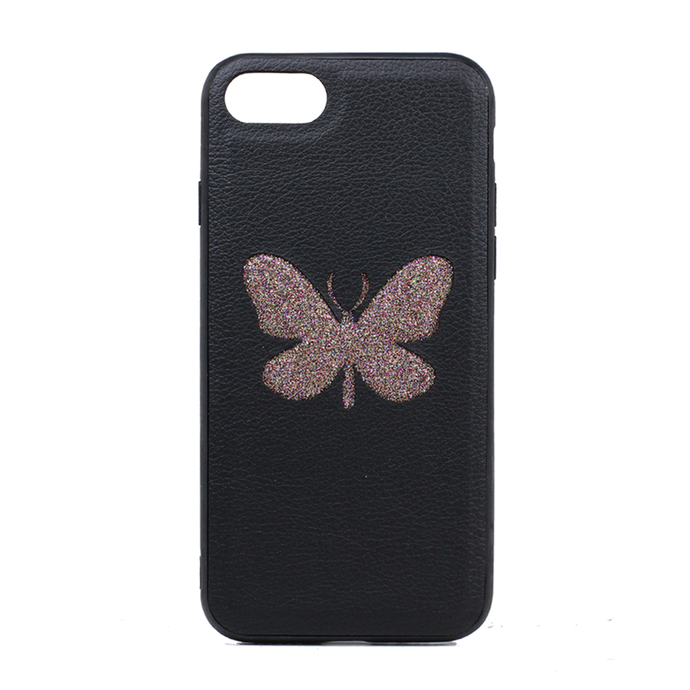 iPhone 8 / 7 Glitter Butterfly Fashion PU LEATHER Case (Black)